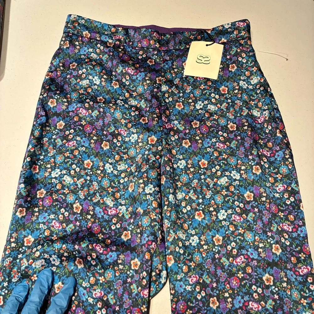 NWT Sandro Donelo Satin Floral Flare Pants in Blue Multi Size XS - Picture 5 of 13